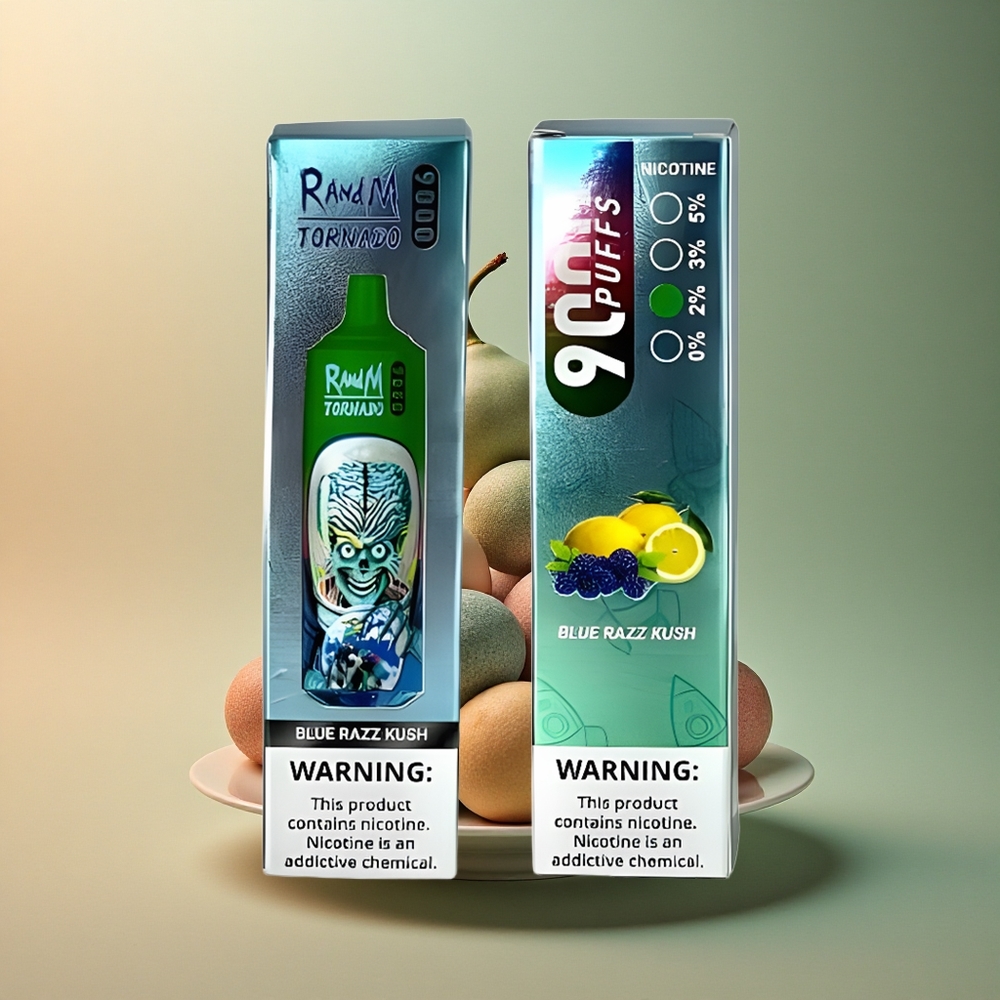 RandM Fumot Tornado 9000 Puffs Bleu Framboise Kush Rechargeable 850 mAh avec Display RGB et Mesh Coil