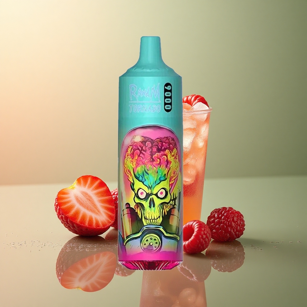 RandM Fumot Tornado 9000 Puffs Glace Fraise Framboise Cerise 850 mAh 18 mL Mesh Coil
