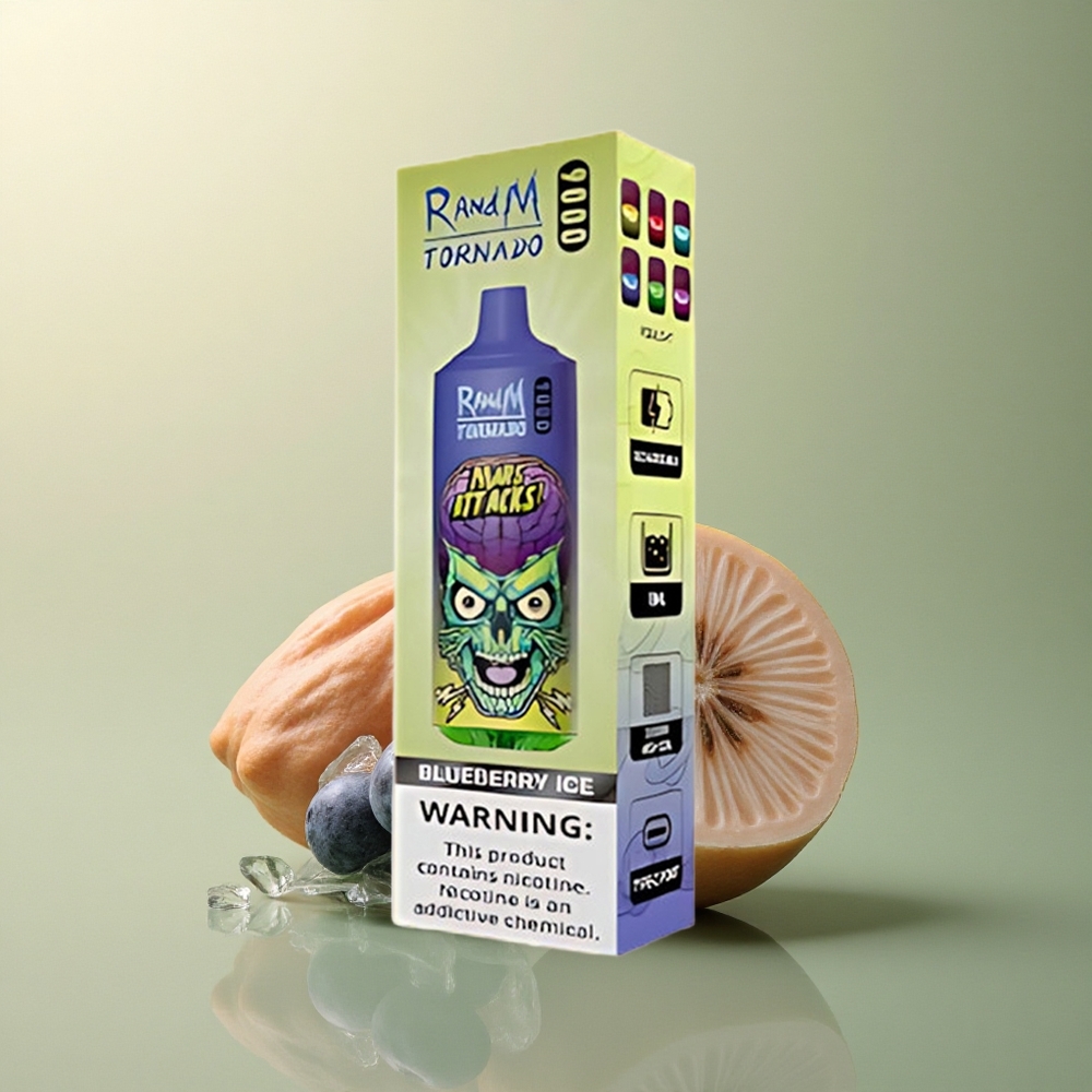 RandM Fumot Tornado 9000 Puffs Glace Myrtille Rechargeable 850 mAh 18 mL Mesh Coil
