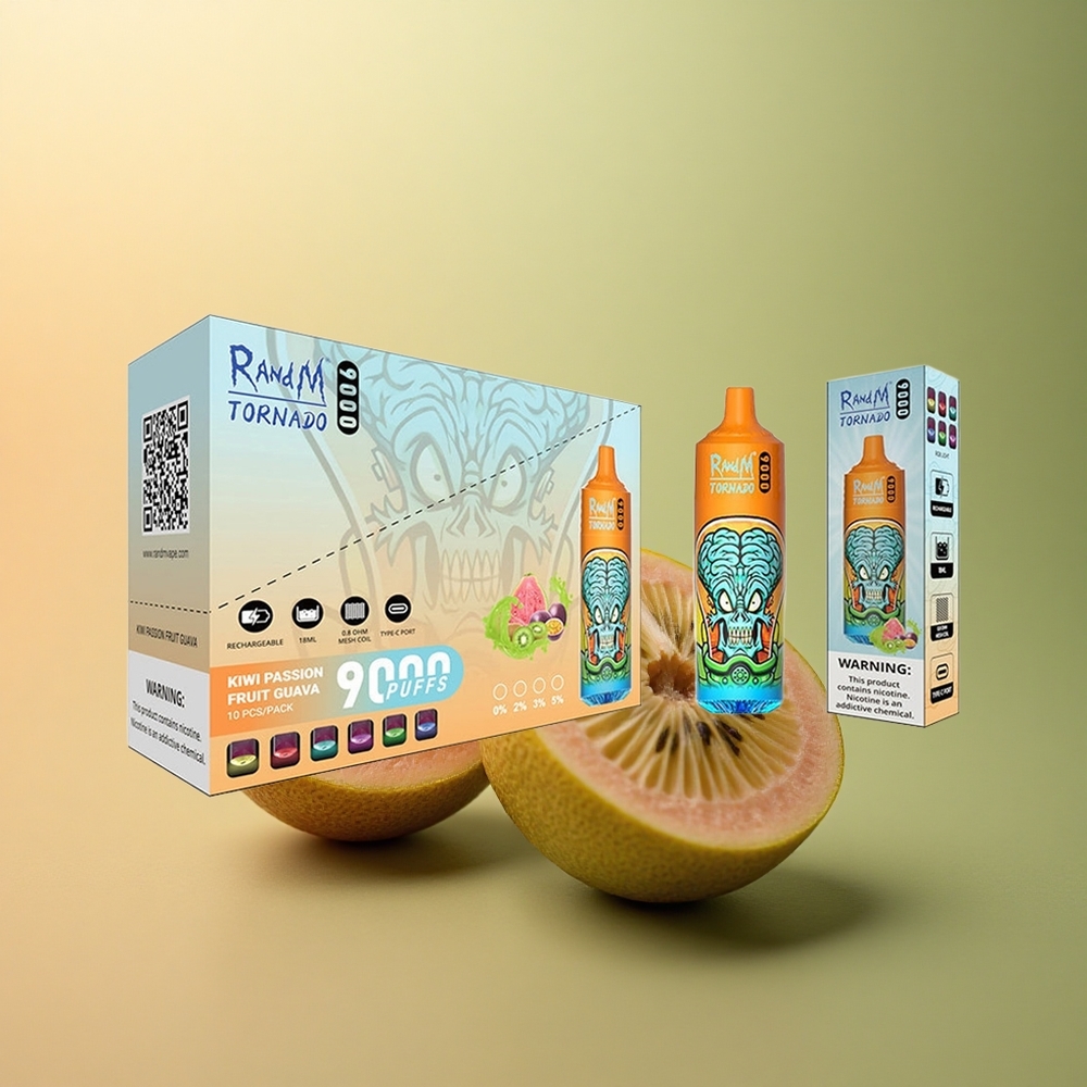 RandM Fumot Tornado 9000 Puffs Kiwi Fruit de la Passion Goyave 850 mAh 18 mL Mesh Coil
